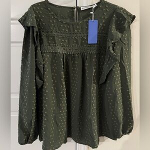 NWT Olive Swiss Dot Crochet Trim Ruffle Blouse Boho Long Sleeve Size Medium